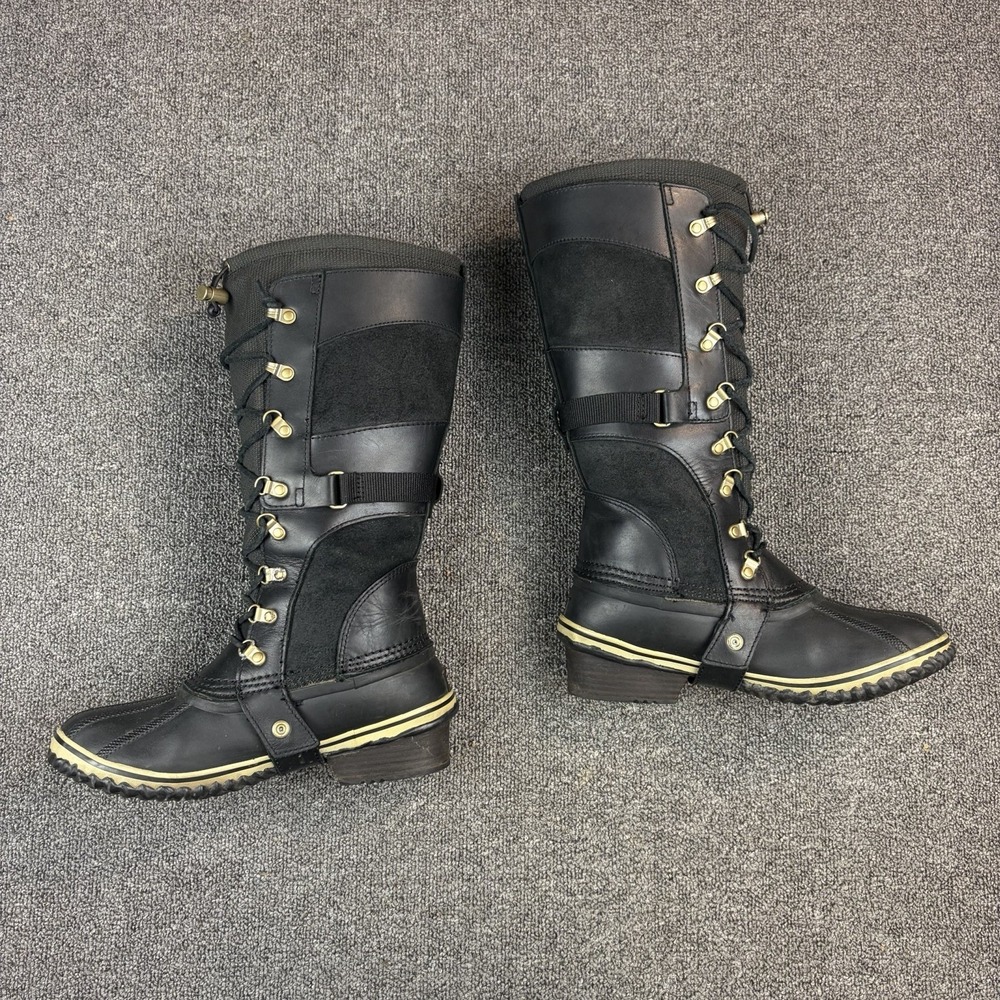 Sorel Conquest Carly Women's Size 10 Tall Lace Up Boots Black Leather Waterproof - Picture 2 of 14